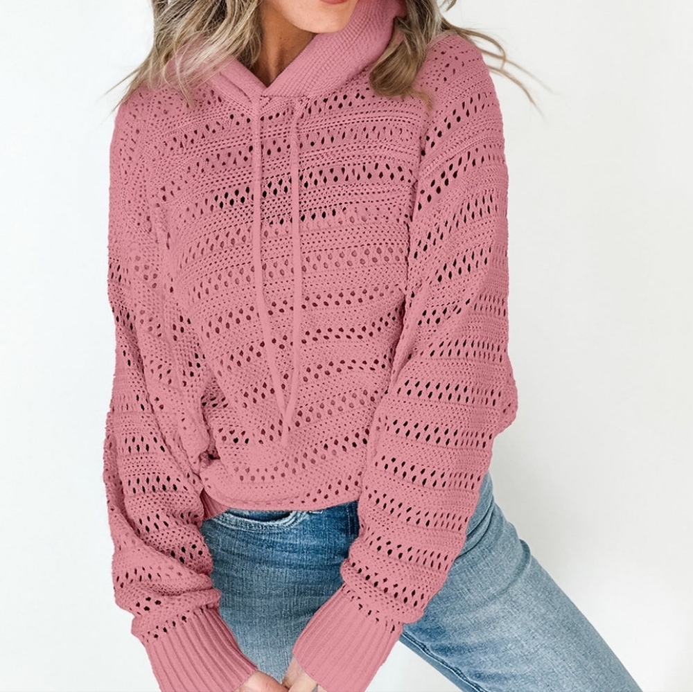 Pink Open Knit Crochet Hoodie Sweater L - Boho Pointelle Pullover - Size Large